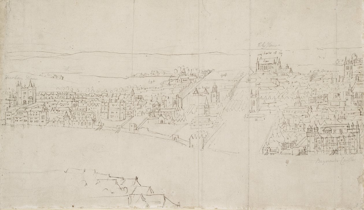 Panorama de Londres visto de Southwark: Durham House para Barnards Castle (caneta e tinta sobre giz preto sobre papel) de Anthonis van den Wyngaerde