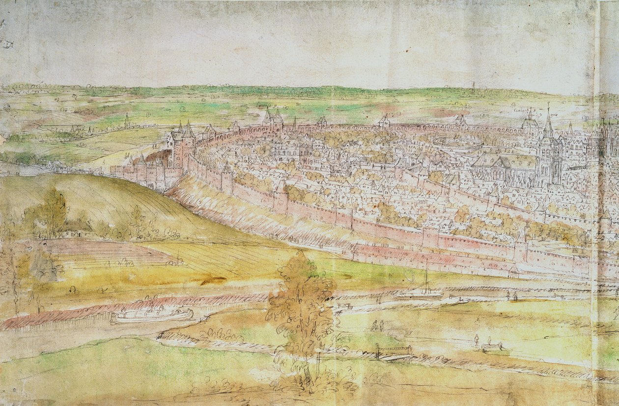 Vista panorâmica de Bruxelas, do século XVI (caneta e tinta e wc no papel) de Anthonis van den Wyngaerde