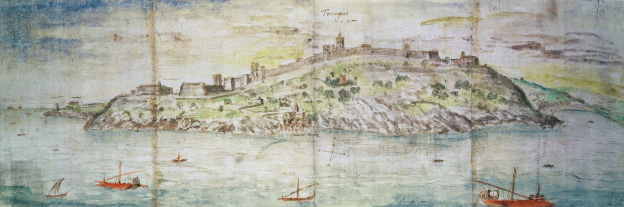Vista panorâmica de Tarragona, Espanha (caneta e tinta e wc no papel) de Anthonis van den Wyngaerde