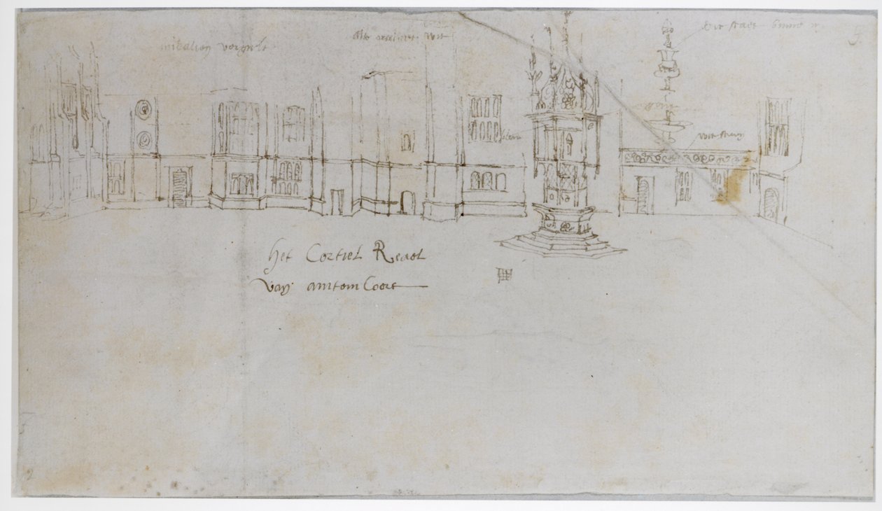 The Fountain Court, Palácio Hampton Court, c.1544 (caneta e tinta sobre papel) de Anthonis van den Wyngaerde