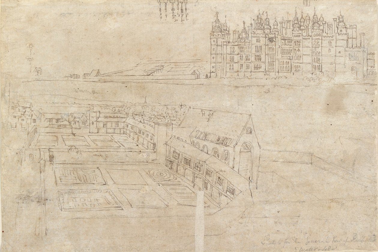 A frente do rio do Palácio de Richmond e Jardins Privados, década de 1550 de Anthonis van den Wyngaerde