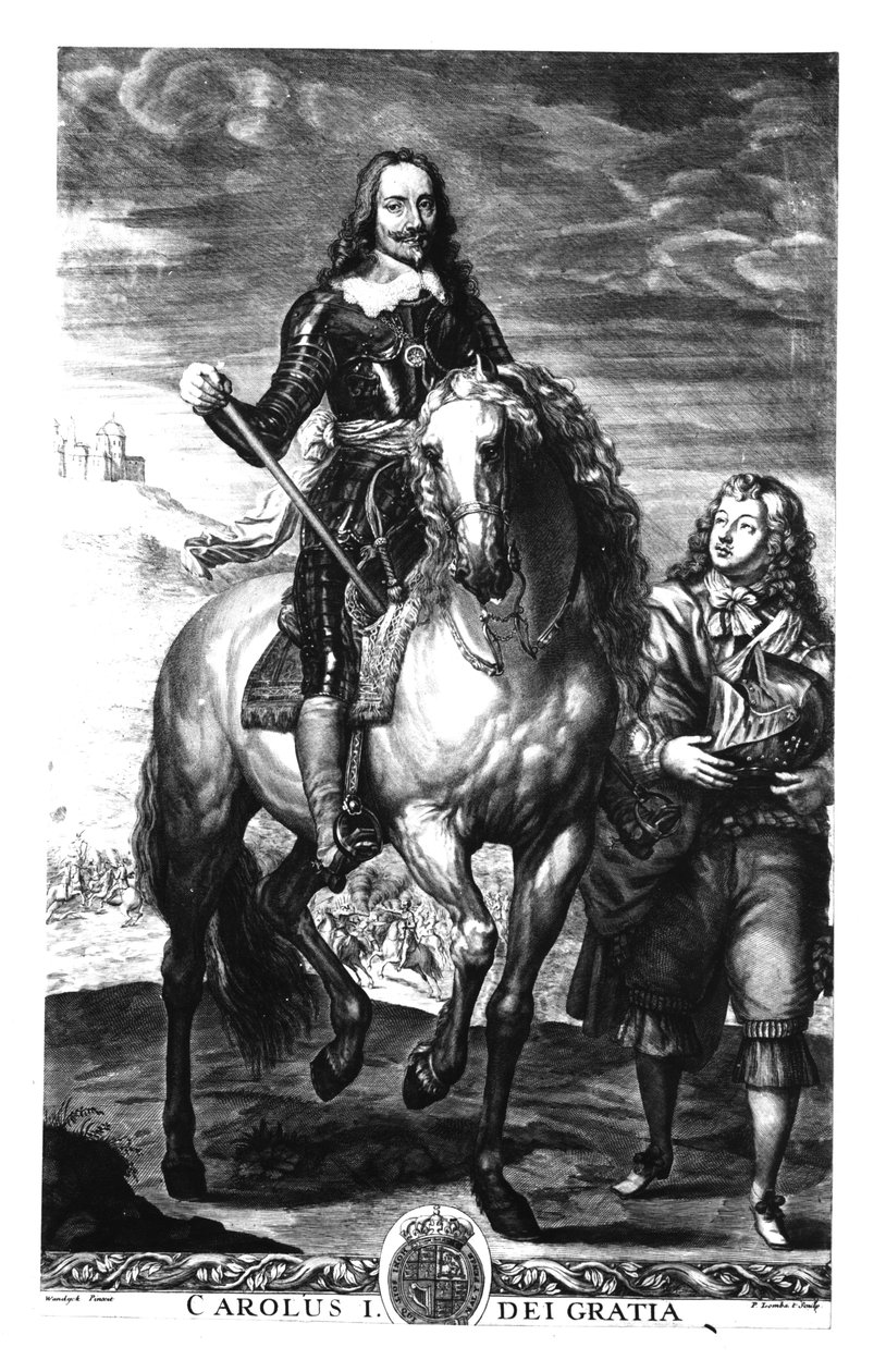 Retrato equestre de Charles I (1600-49), gravado por Pierre Lombart (1612-82) de Anthony van Dyck