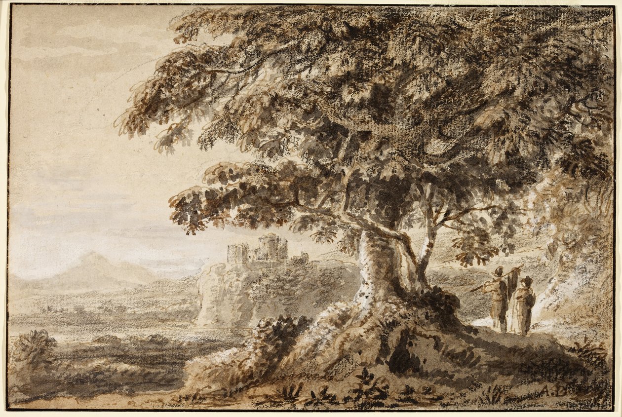 Paisagem - primeiro plano rochoso e duas figuras (tinta no papel) de Anthony Devis