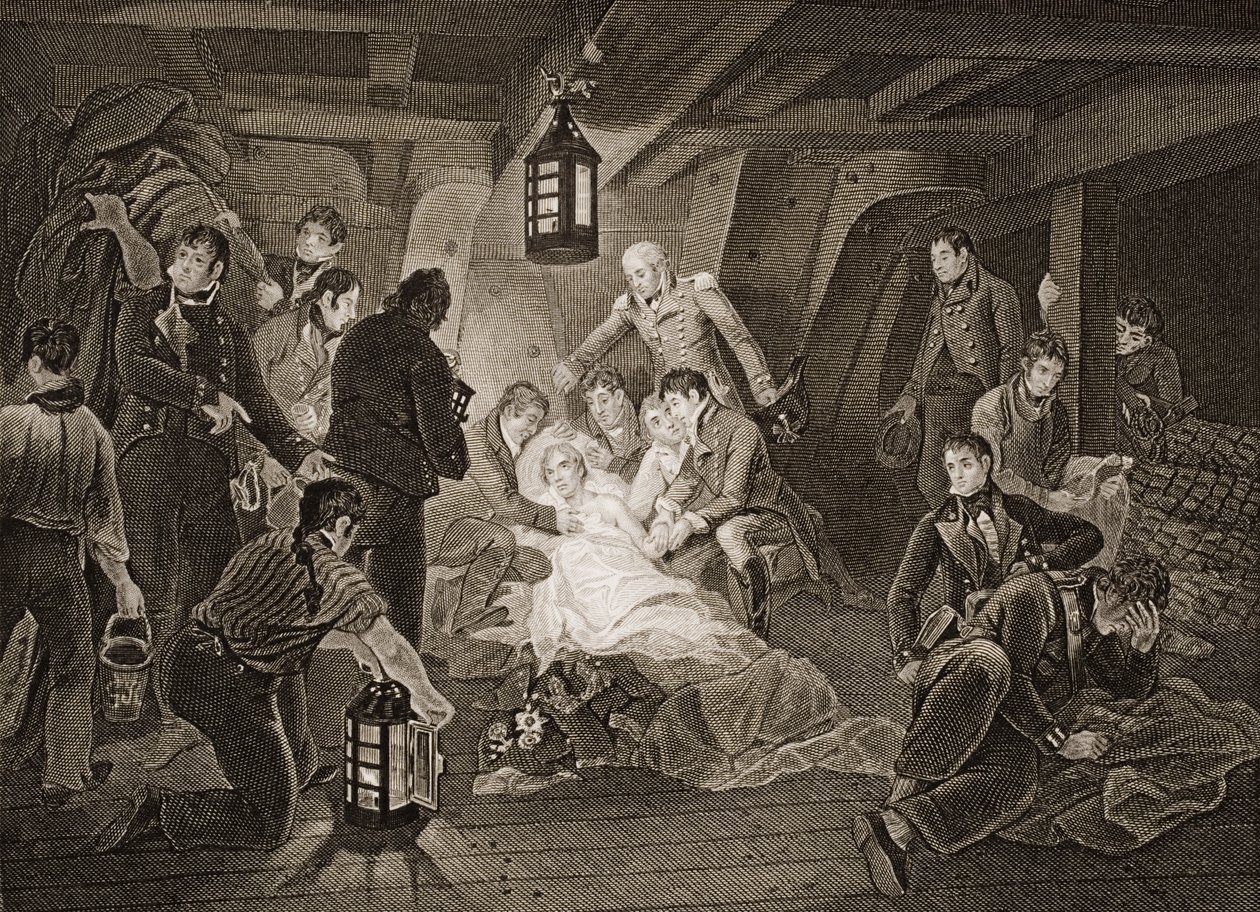 A morte de Lord Nelson, ilustração de "Batalhas da Inglaterra por mar e terra" por Lieut. Coronel Williams de Anthony Devis