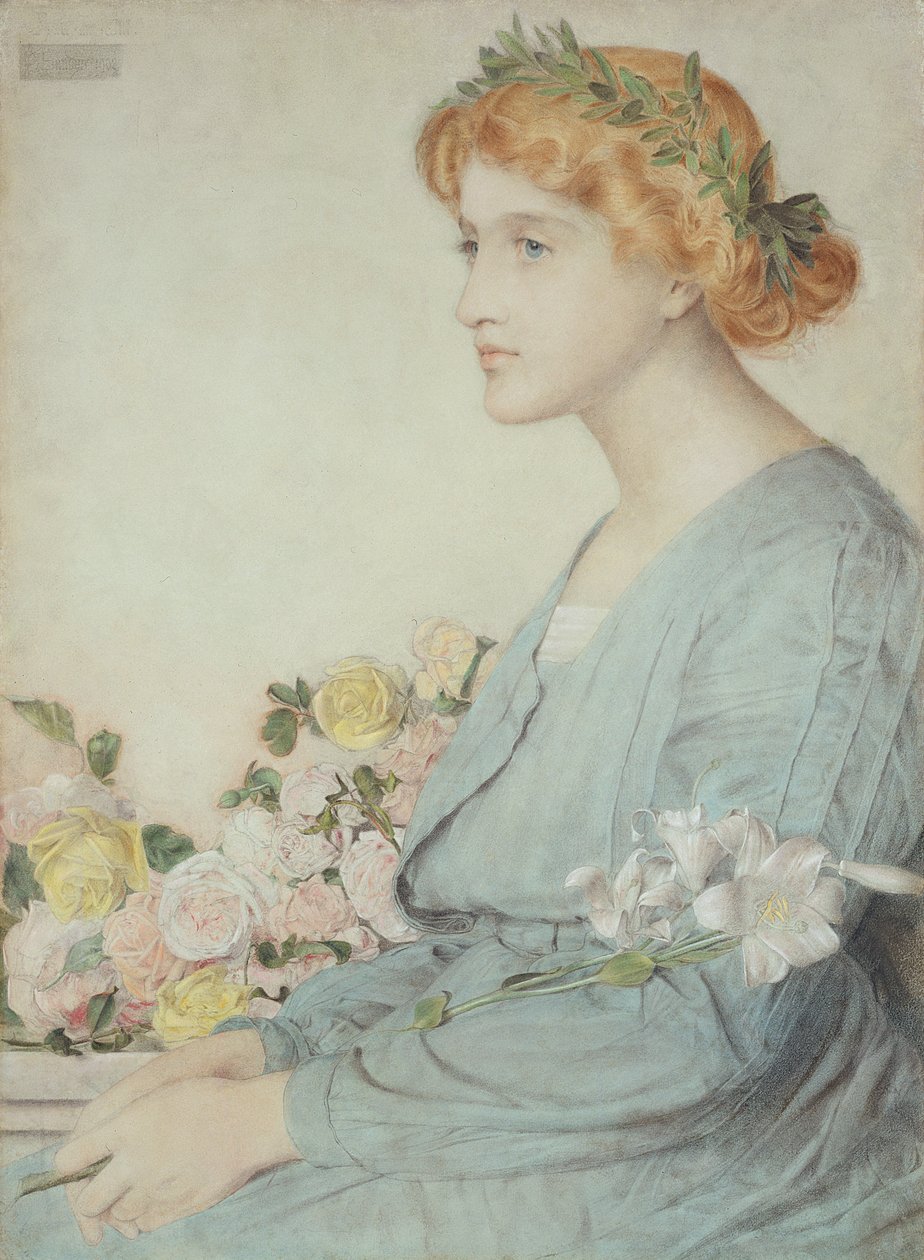 A coroa de louros, 1902 (giz colorido sobre papel azul claro) de Anthony Frederick Augustus Sandys