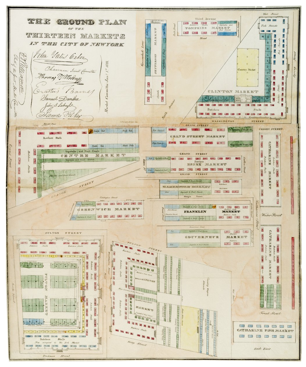 Plano Básico dos Treze Mercados na Cidade de Nova York, 1833 (tinta preta, com tinta colorida, sobre papel) de Anthony Imbert