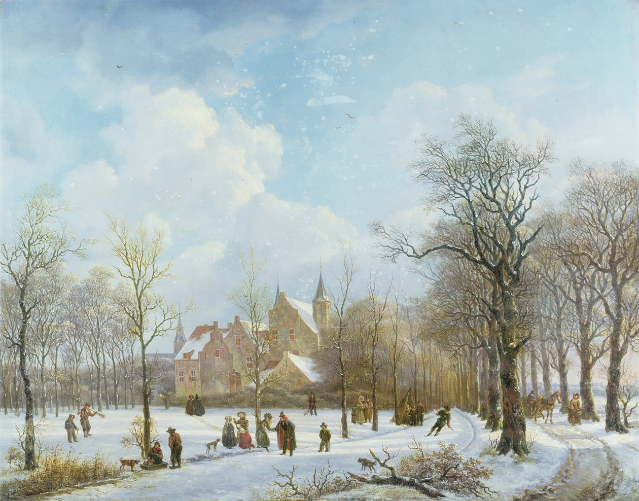 Patinadores em uma paisagem de inverno, 1830 (painel) de Anthony Jacob Offermans