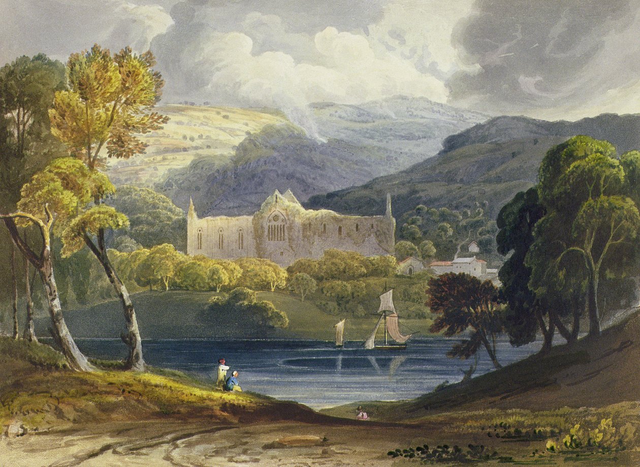 Vista norte da abadia de Tintern de "ilustrações pitorescas do rio Wye", 1818 (impressão colorida) de Anthony Vandyke Copley Fielding