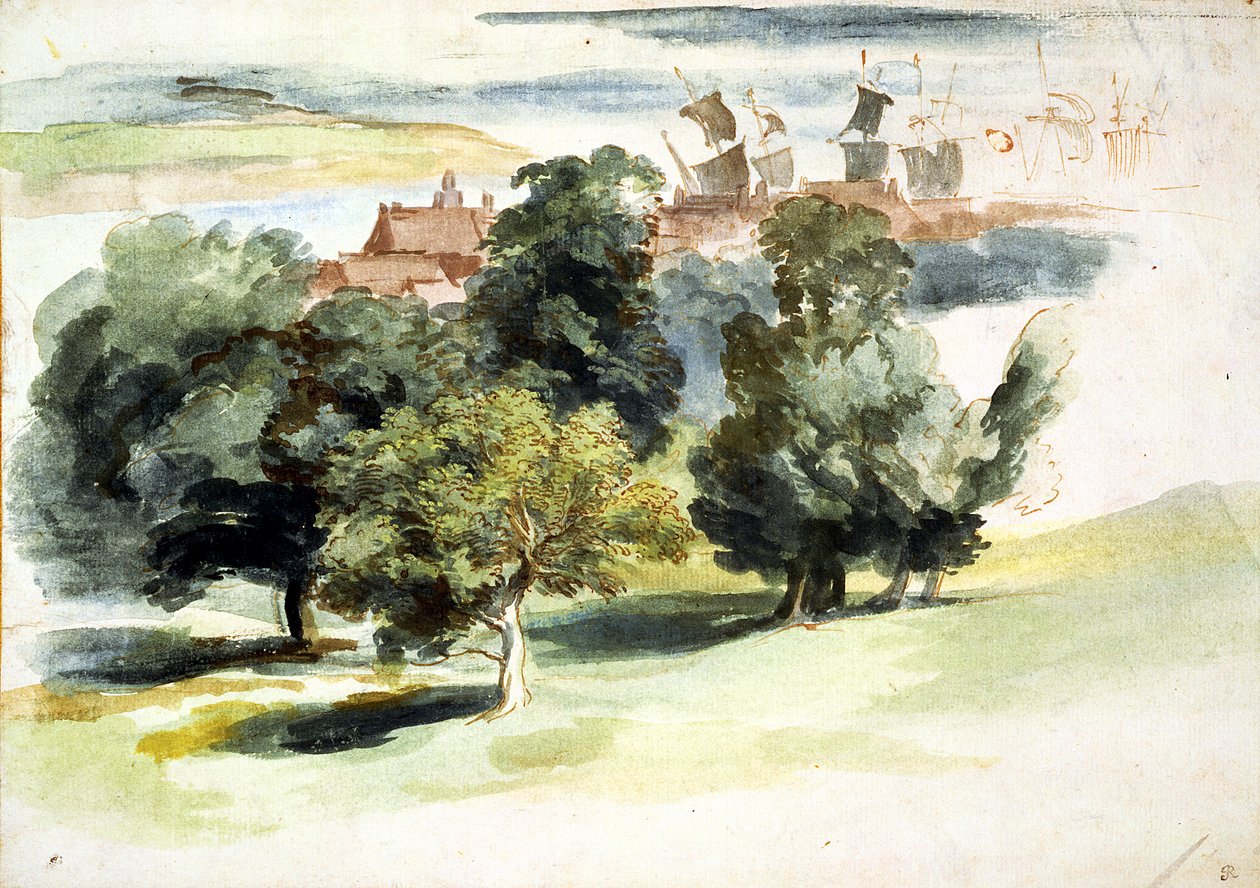 Uma paisagem inglesa, c.1635-41 (wc, guache e caneta e tinta sobre papel) de Anthony van Dyck