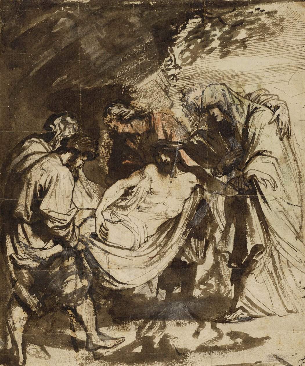 O Entombamento (reto) (1617-1618) (Giz preto, caneta e tinta marrom, lavagem marrom e avermelhada, giz vermelho e azul e guache branco aumentando) de Anthony van Dyck