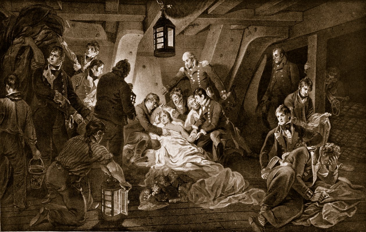 A morte de Nelson, 1805, ilustração da "História da nação britânica" de Hutchinson, c.1923 de Anthony Devis