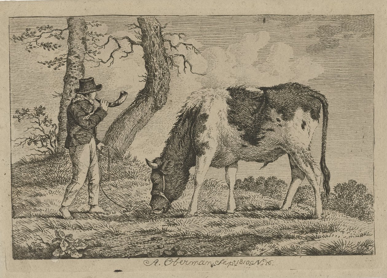 pastor com vaca Estudos de vacas, ovelhas e cabras (título da série) de Anthony Oberman