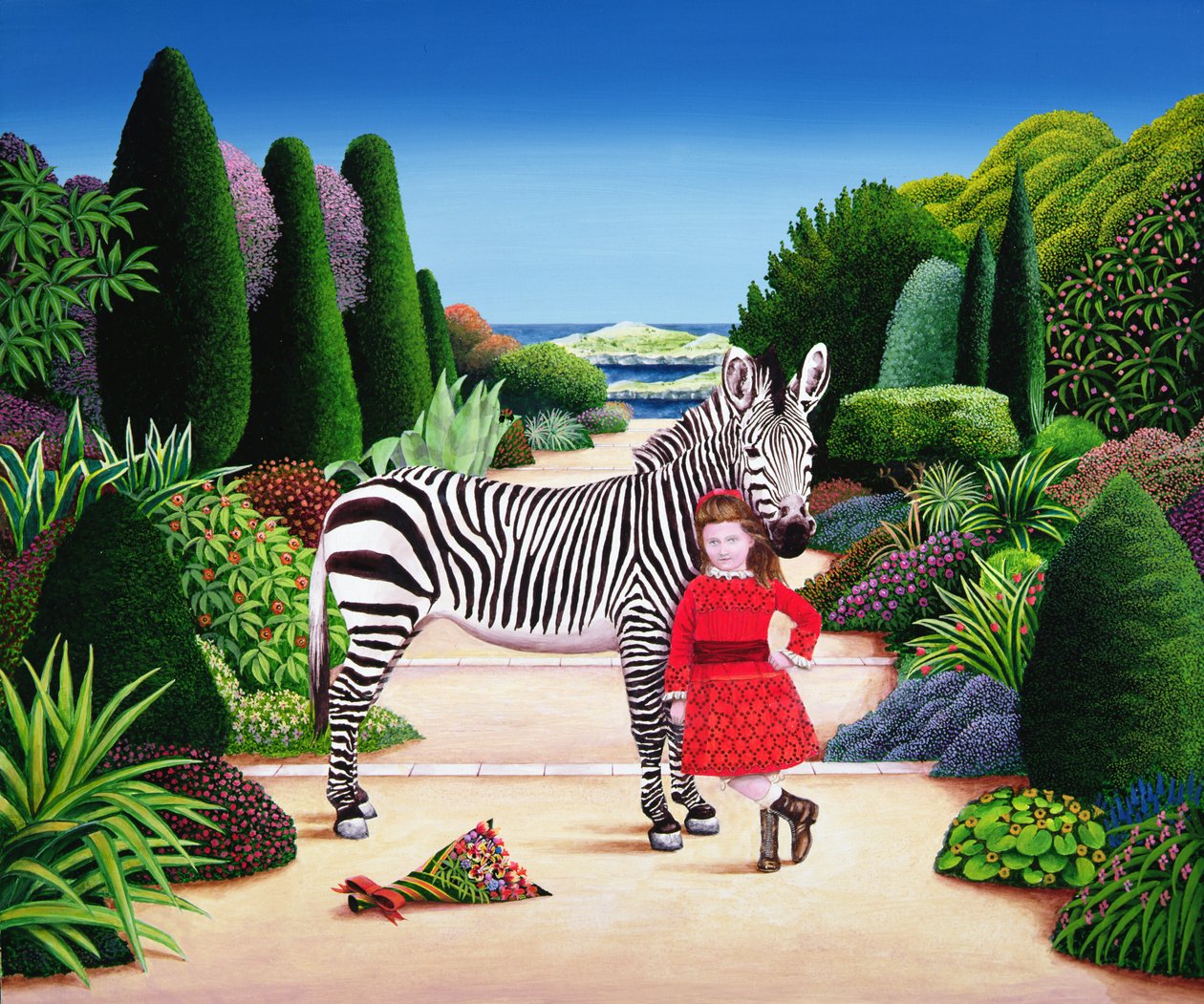 Menina com Zebra, 1984 (acrílico a bordo) de Anthony Southcombe