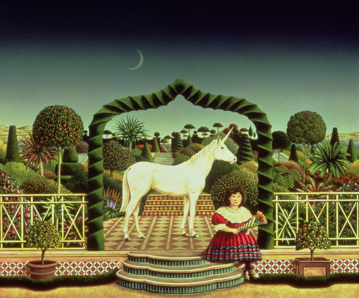 Menina com um unicórnio, 1980 (acrílico a bordo) de Anthony Southcombe