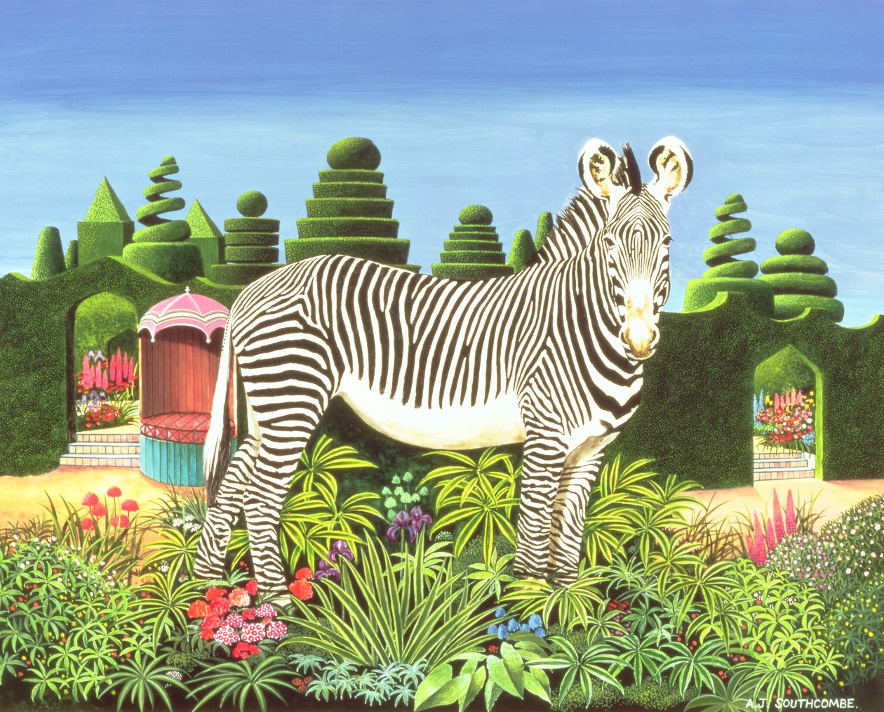 Zebra em um jardim, 1977 (acrílico a bordo) de Anthony Southcombe