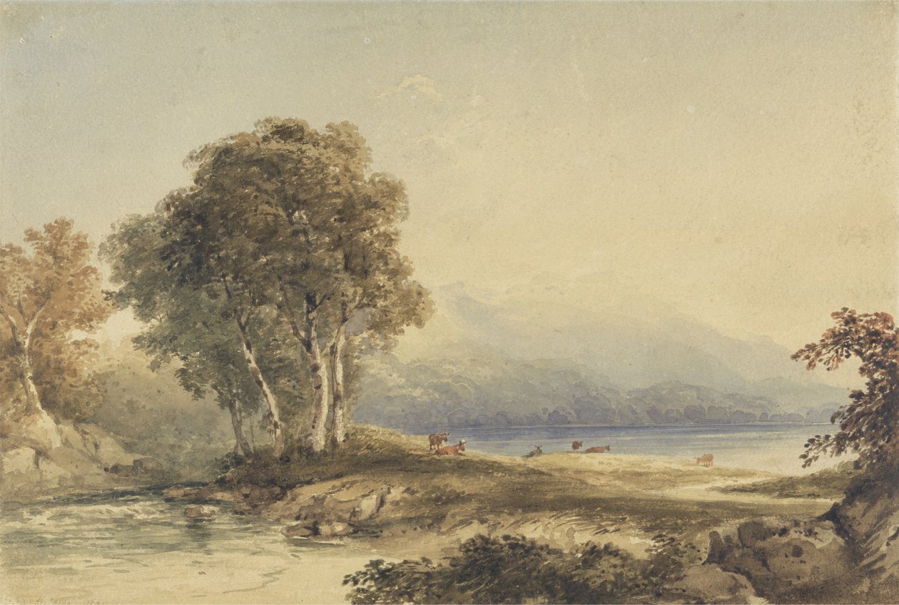 Paisagem montanhosa com lago e córrego (wc sobre grafite em papel wove) de Anthony Vandyke Copley Fielding