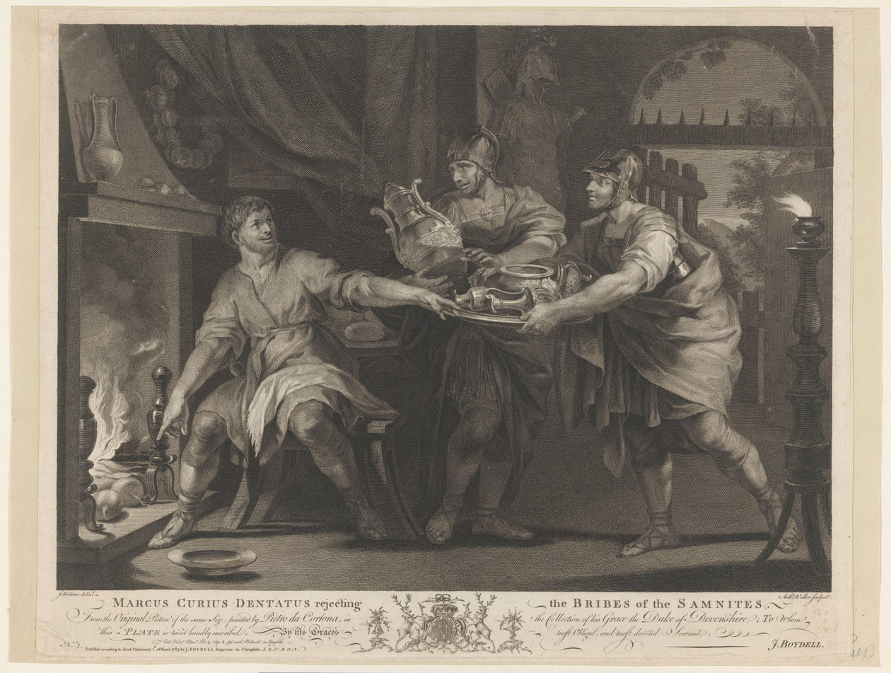 Manius Curius Dentatus Weigert de geschenken van de Samnieten
Marcus Curius Dentatus rejeitando os subornos dos Samnitas (título sobre o objecto) de Anthony Walker