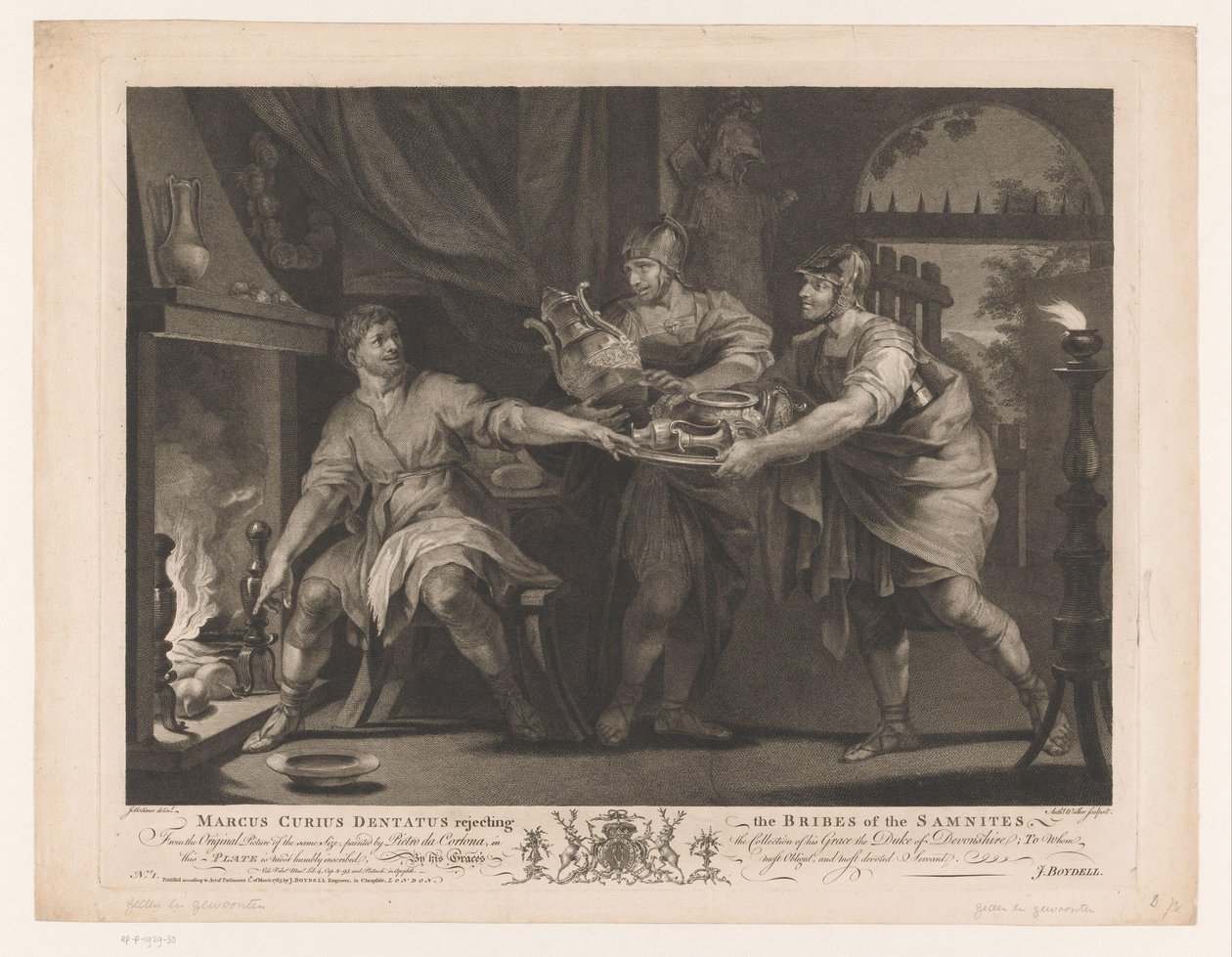 Manius Curius Dentatus recusa os presentes dos samnitas Marcus Curius Dentatus rejeitando os subornos dos samnitas (título no objeto) Pinturas do século XVII da coleção Devonshire (título da série) de Anthony Walker