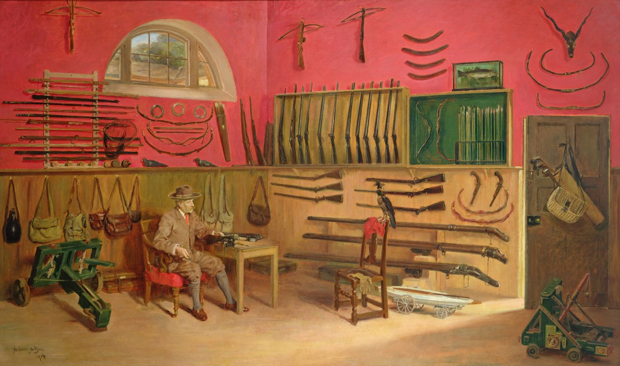 Sir Ralph Payne Gallwey em sua sala de armas em Thirkleby Hall, Yorkshire, 1914 de Anthony de Bru