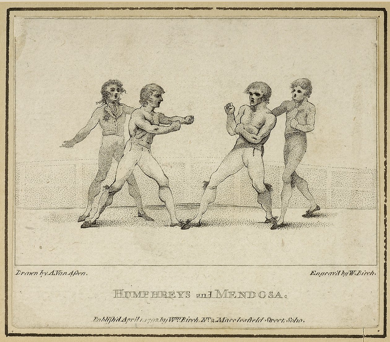 Humphreys e Mendoza, gravada por William Birch, publicada em 1792 (litho) de Anthony van (after) Assen