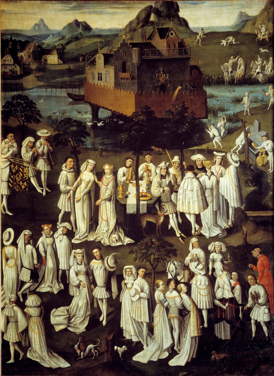 Jardim do amor na corte de Filipe III o Bom, Duque de Borgonha, nos jardins do castelo de Hesdin em 1432 Festas dadas por ocasião do casamento do seu camareiro André de Toulongeon - Pintura de Anton Van Dyck (1599-1641) de Anthony van (after) Dyck
