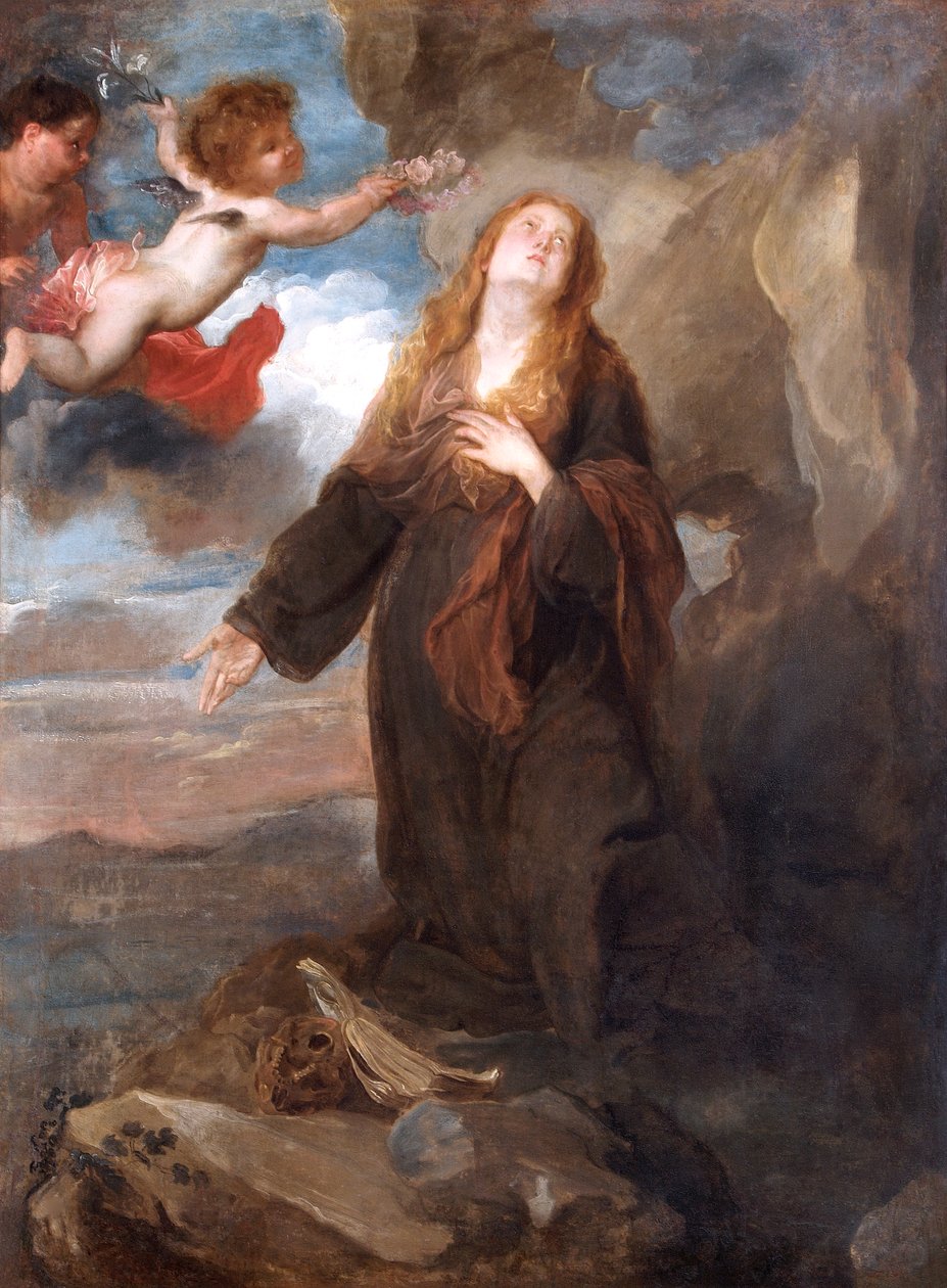 Santa Rosalie Coroada com Rosas por Dois Anjos de Anthony van (after) Dyck