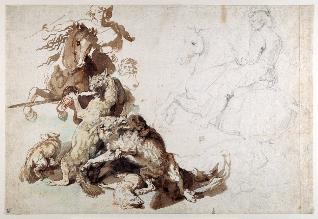 A Wolf and Fox Hunt (A caça à raposa europeia) (gizes com lavagem em papel) de Anthony van Dyck