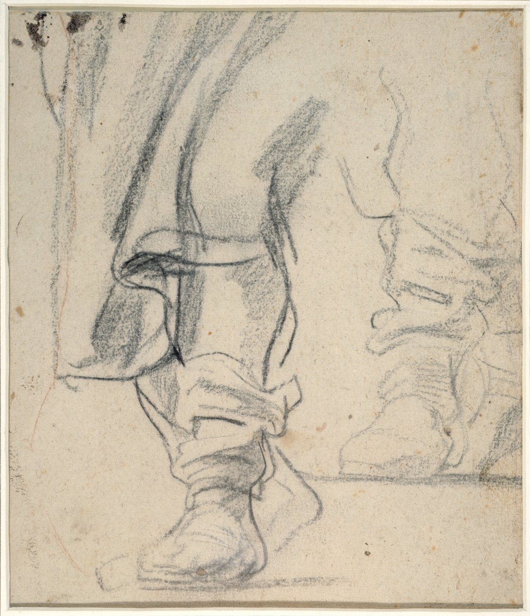 Pernas de um homem com botas, e capa descendente (giz preto e vermelho sobre papel) de Anthony van Dyck