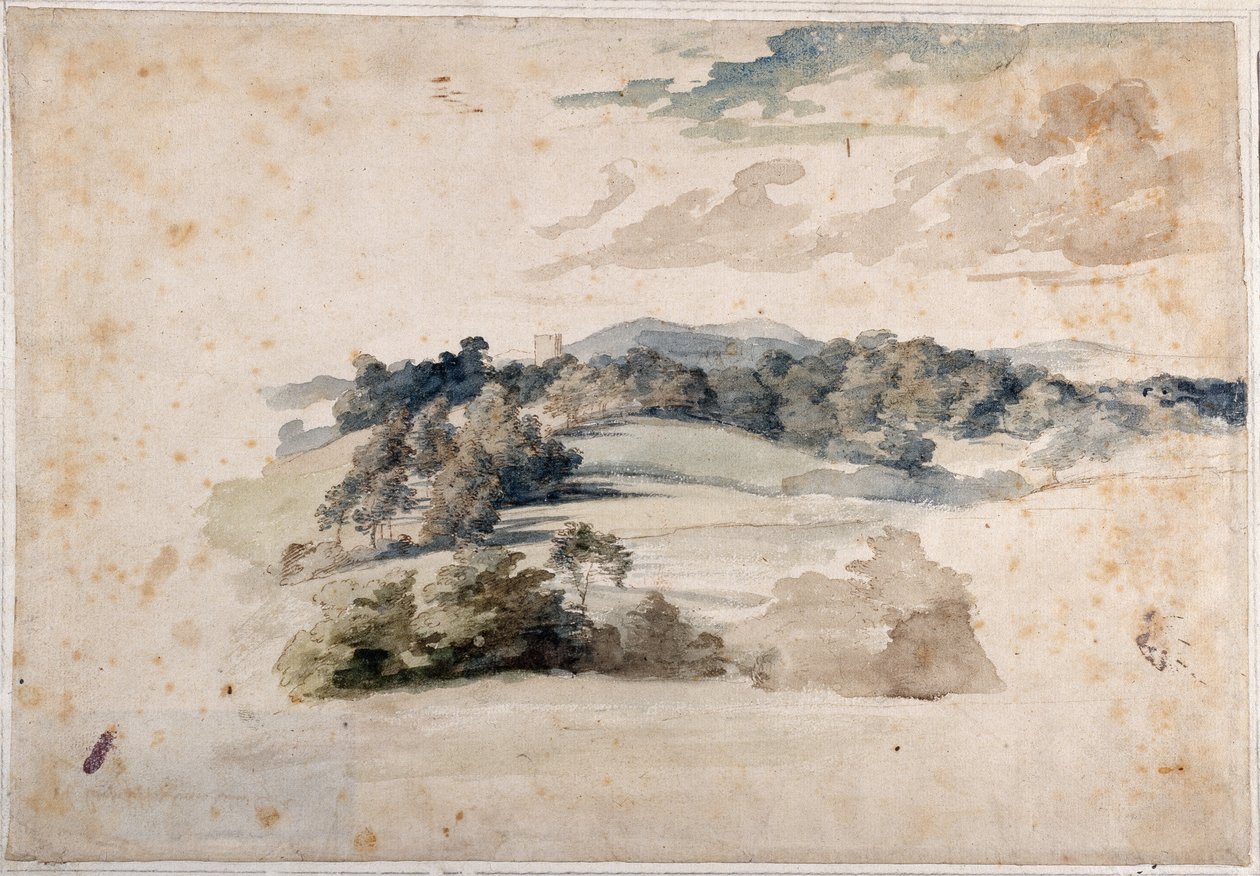 Uma Paisagem Inglesa de prados e colinas arborizadas (lápis e aguarela sobre papel) de Anthony van Dyck
