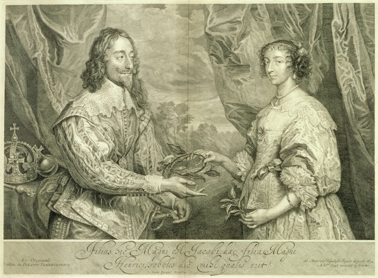 Charles I (1600-49) e Henrietta Maria (1609-69) gravada por George Vertue (1684-1756) após uma pintura de 1634, 1742 de Anthony van Dyck