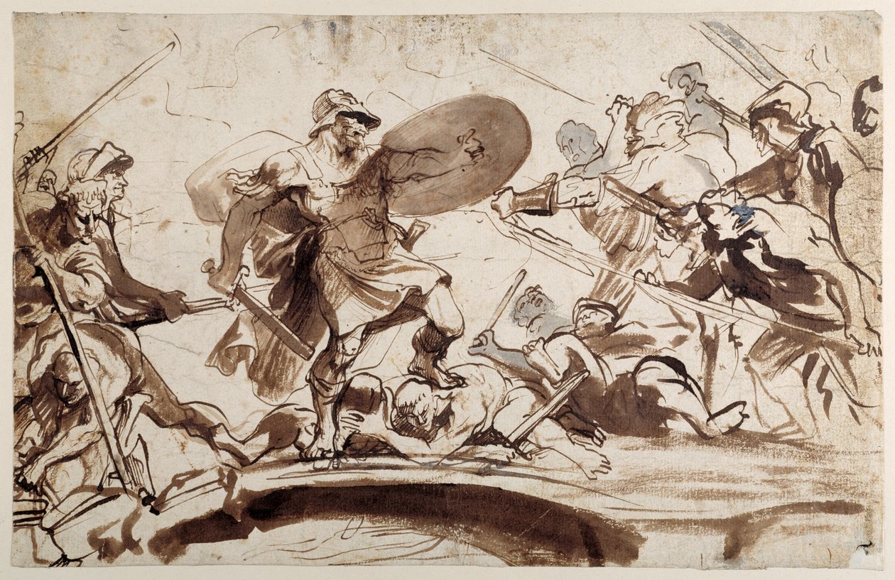 Horatius Cocles defendendo a Ponte do Tibre (caneta e tinta com lavagem em papel) de Anthony van Dyck