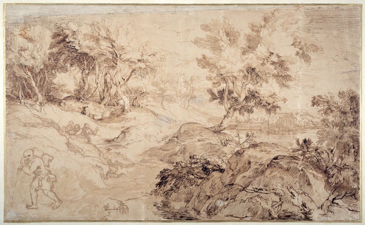 Paisagem na Maneira de Ticiano (caneta e tinta sobre papel) de Anthony van Dyck