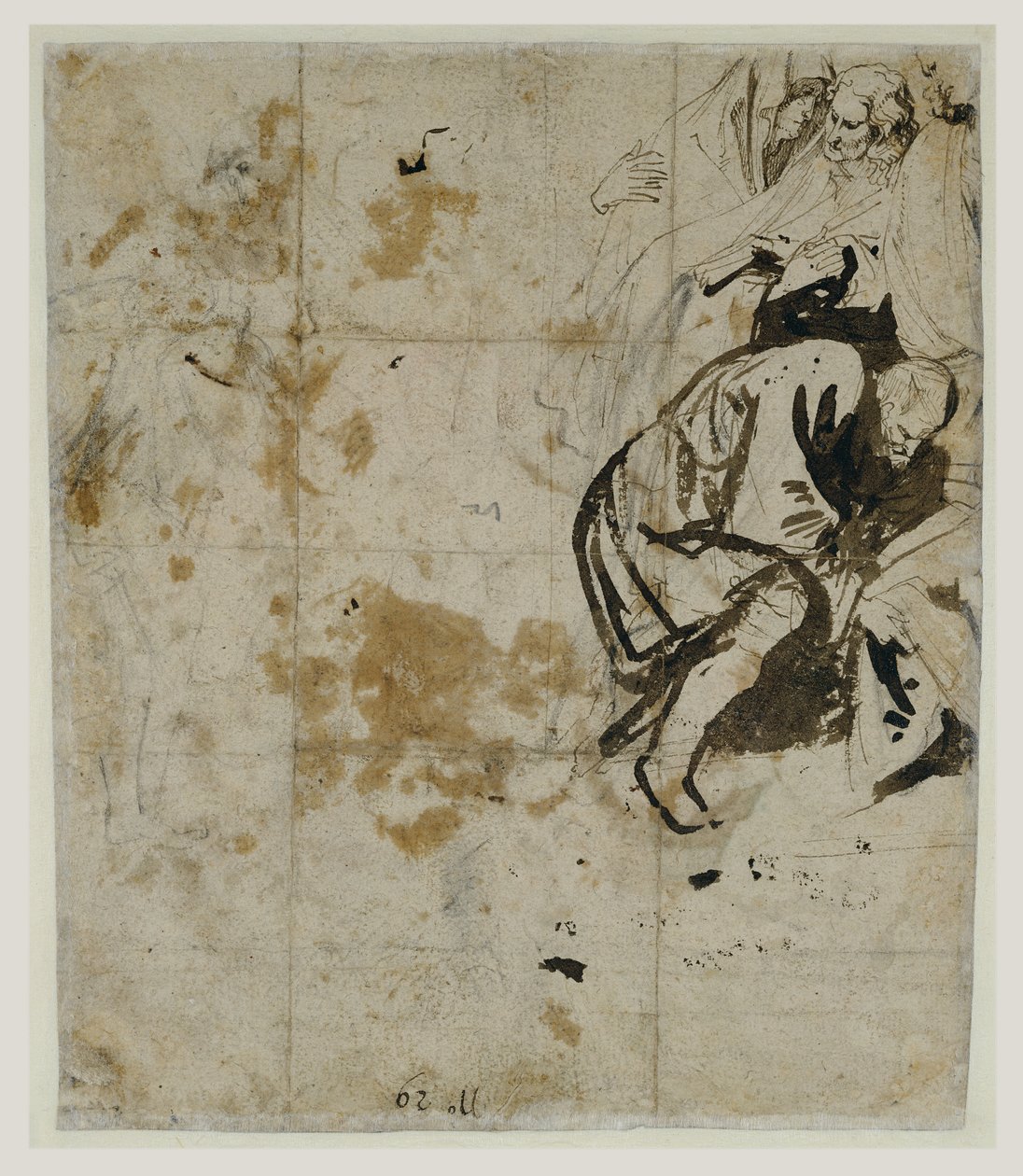 Estudo parcial do Entombment (verso) (1617-18) (Giz preto, caneta e tinta marrom, lavagem marrom e avermelhada, giz vermelho e azul e guache branco aumentando) de Anthony van Dyck