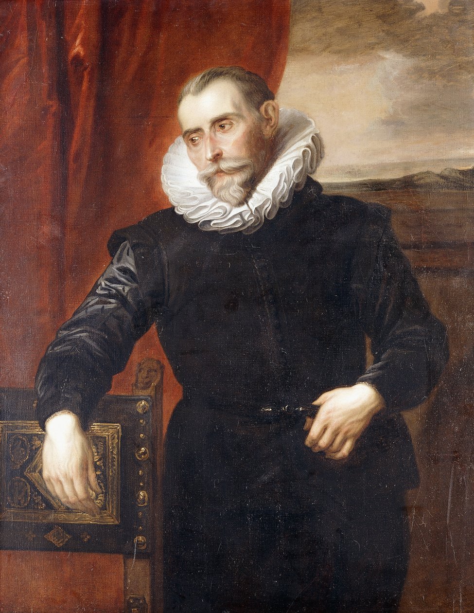 Retrato de Frans Snyders, de comprimento médio, em traje preto, encostado em uma cadeira, uma paisagem além, de Anthony van Dyck