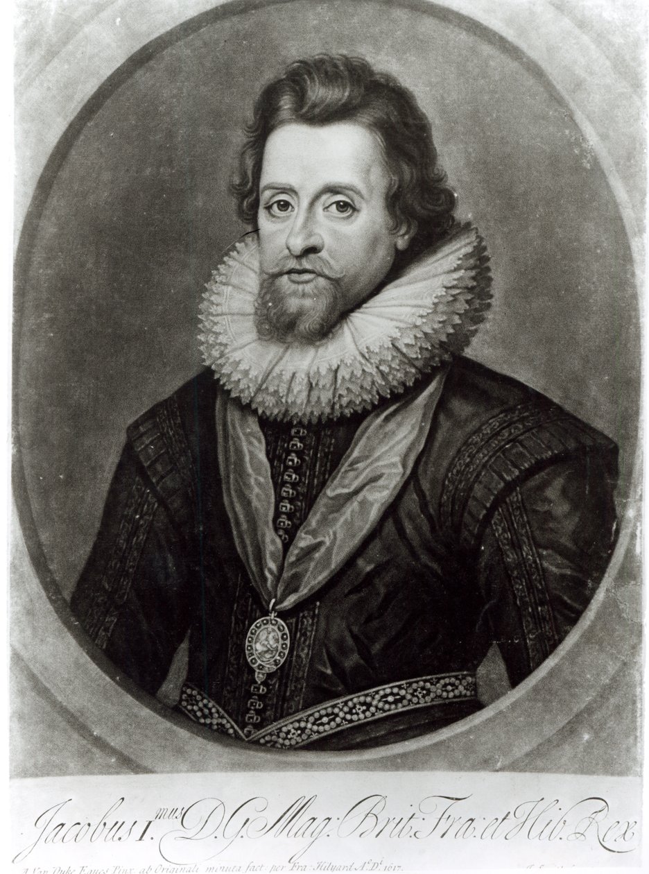 Retrato de Jaime I (1566-1625) depois de uma miniatura de Nicholas Hilliard (1547-1619) de 1617, gravada por George Vertue (1684-1756) de Anthony van Dyck