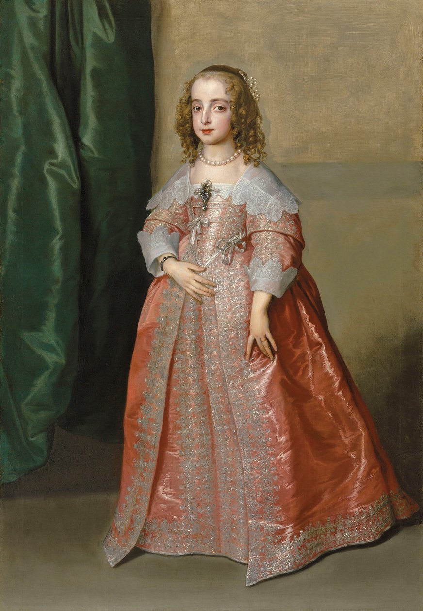 Retrato da princesa Maria (1631-1660), filha do rei Carlos I de Inglaterra, de corpo inteiro, com um vestido cor-de-rosa decorado com bordados e fitas prateadas de Anthony van Dyck