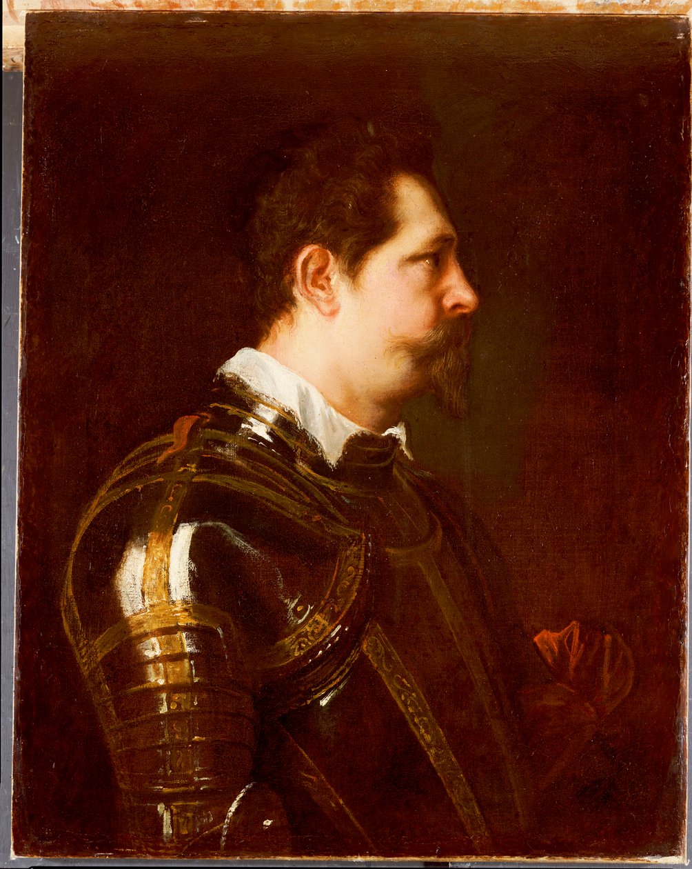 Retrato de um general, comprimento do busto, em armadura de damasco com colarinho branco e faixa vermelha de Anthony van Dyck