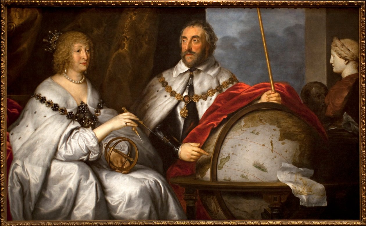 Thomas Howard Graf Arundel (1586-1646) e sua esposa Alathea Talbot (1586-1654) ou o retrato de Madagascar). O homem desenha a ilha de Madagáscar em um globo terrestre. Pintura de Sir Antoine (Anton) Van Dyck (1599-1641), óleo sobre tela, cerca de 1639-1640 de Anthony van Dyck
