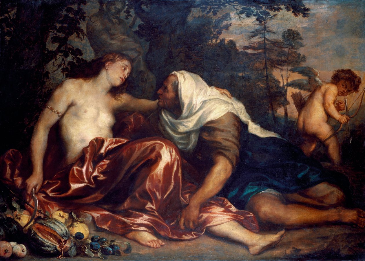 Vertumne e Pomone (Júpiter e Ceres): Vertumne, apaixonada pela ninfa Pomone, disfarça-se de mulher velha para se aproximar dela. Pintura de Antonie Van Dyck (1599-1641) 1623-1625 Sol. 141x197 cm Genes, Galleria di Palazzo Bianco de Anthony van Dyck