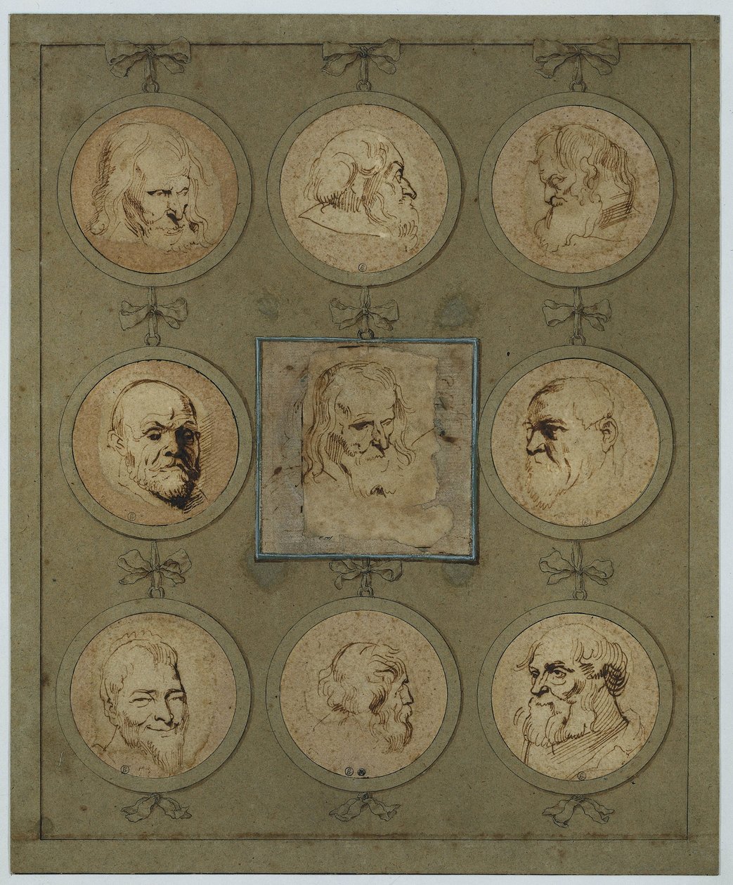 Folha de conjunto com nove estudos de cabeças em medalhões de Anthony van Dyck