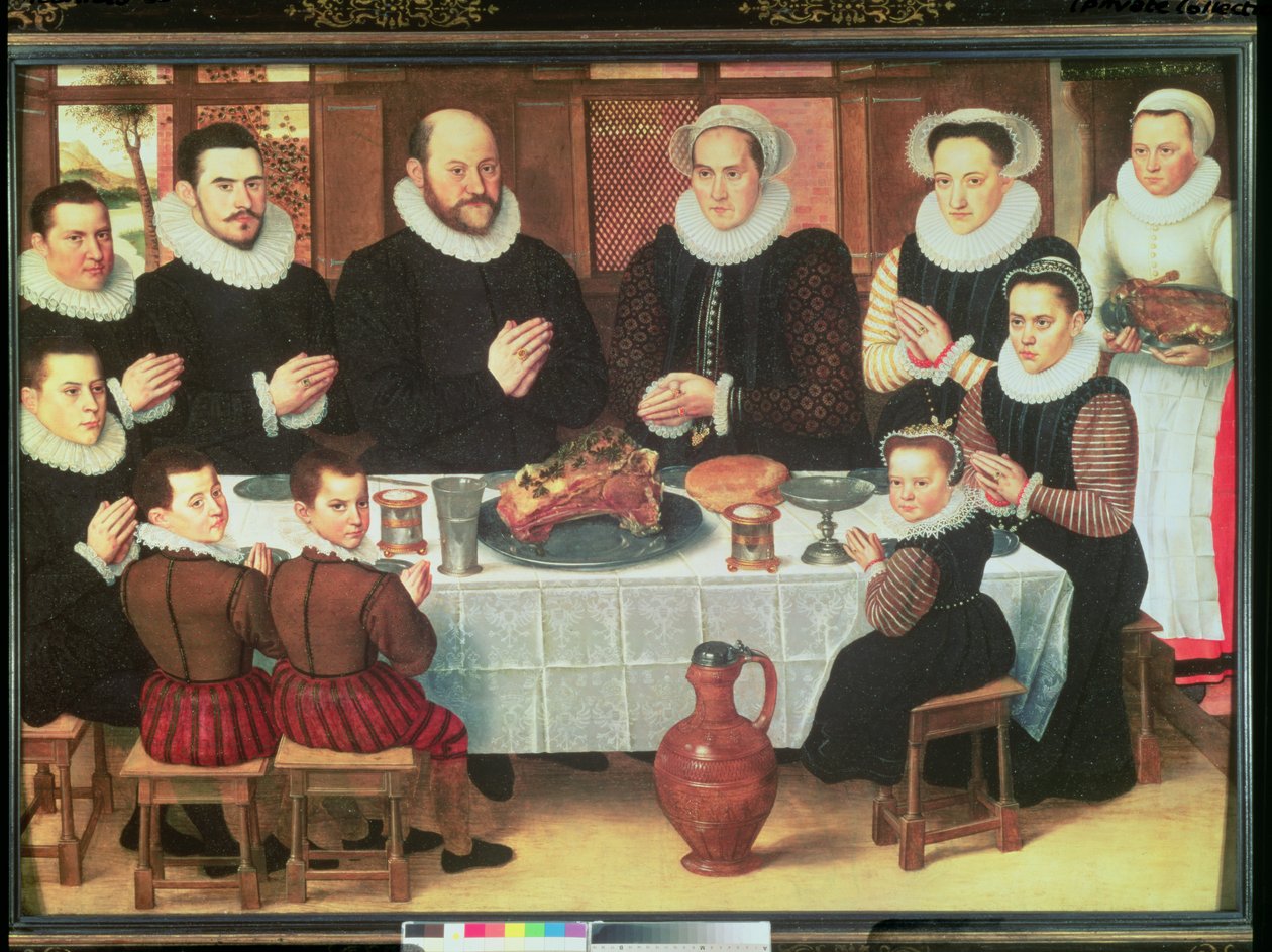 Uma família dizendo graça antes da refeição, 1585 de Anthuenis Claeissins or Claeissens