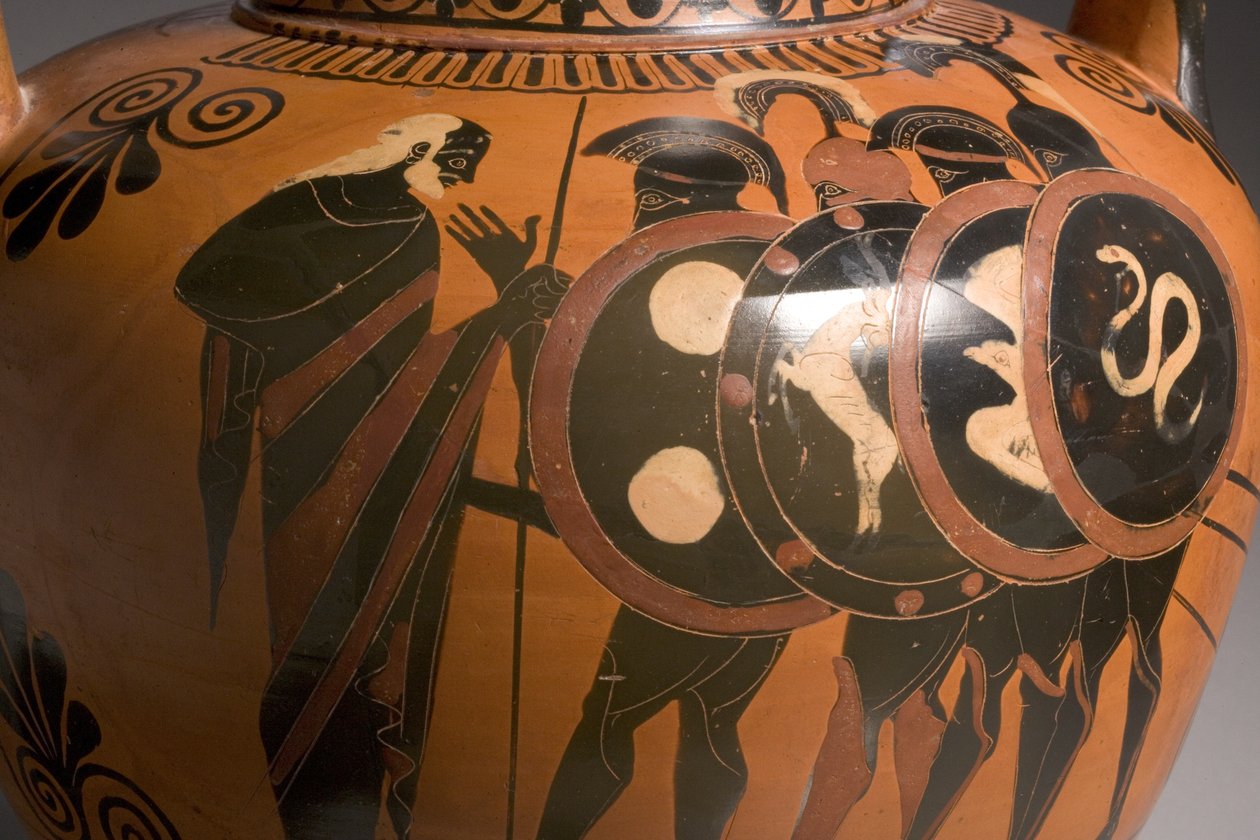 Ânfora ática de figuras negras representando cenas do detalhe cerâmico da Guerra de Tróia de 249017 de Antimenes Painter