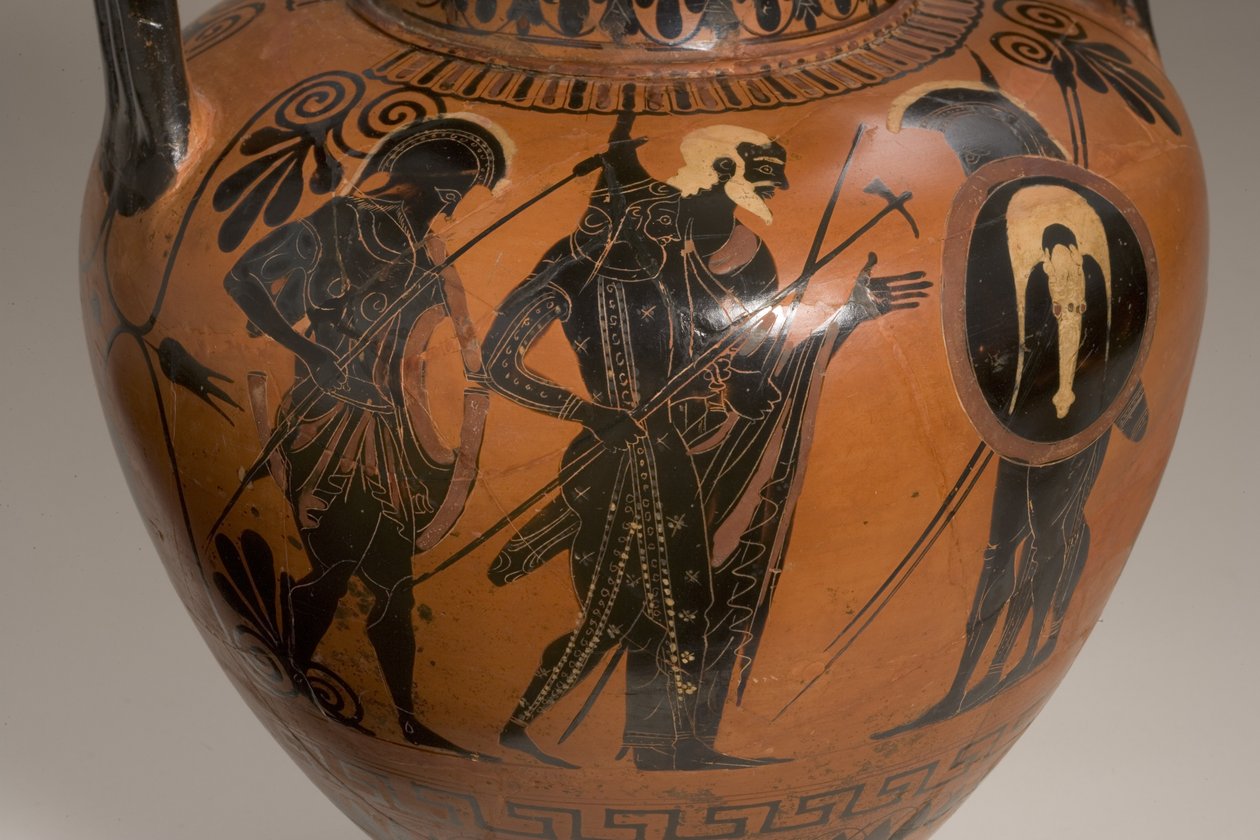 Ânfora ática de figuras negras representando cenas do detalhe cerâmico da Guerra de Tróia de 249017 de Antimenes Painter