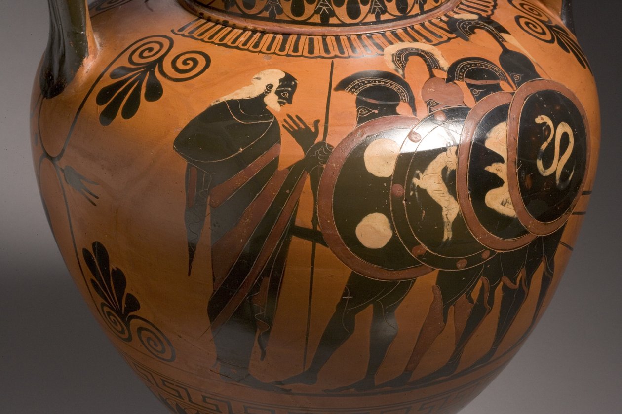 Ânfora ática de figuras negras representando cenas do detalhe cerâmico da Guerra de Tróia de 249017 de Antimenes Painter