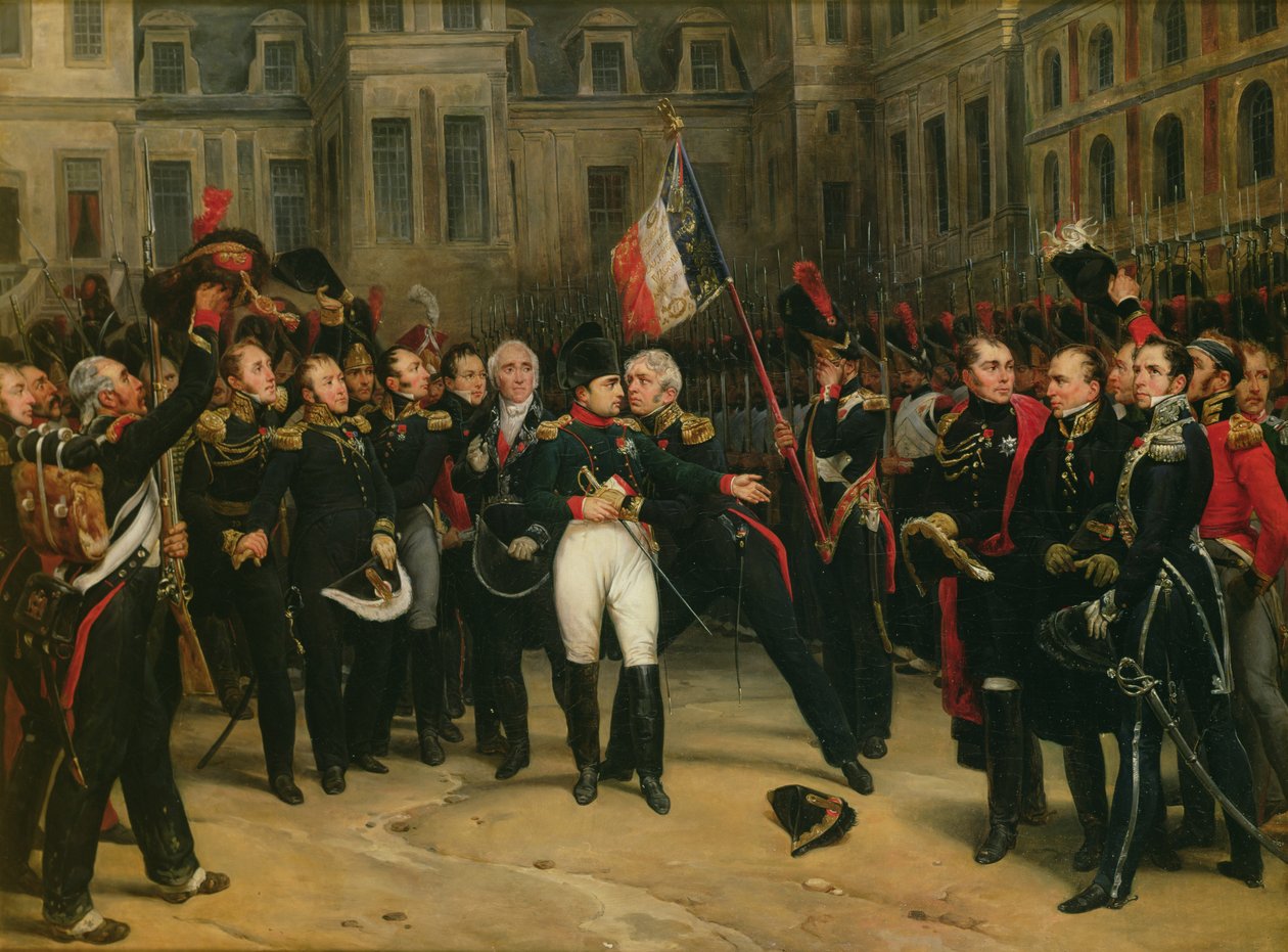 Napoleão I (1769-1821) despedindo-se da guarda imperial no pátio de Cheval-Blanc, no castelo de Fontainebleau, em 20 de abril de 1814, 1825 de Antoine Alphonse Montfort