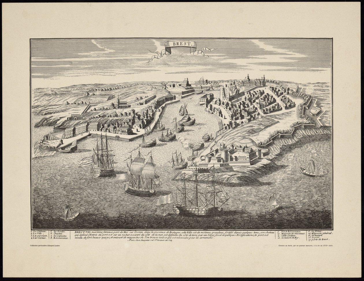 Vista perspectiva, de, cidade, de, brest, de, a, porto, em, a, décimo séptimo século de Francois Antoine Aveline