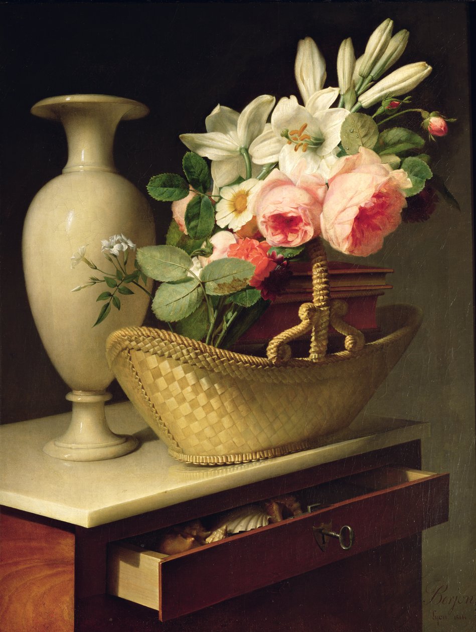 Buquê de lírios e rosas em uma cesta, 1814 de Antoine Berjon