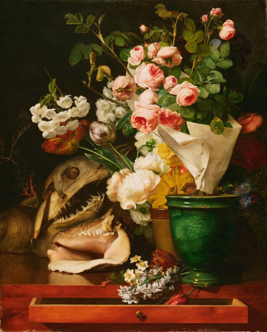 Ainda vida com flores, conchas, cabeça de tubarões e petrificações de Antoine Berjon
