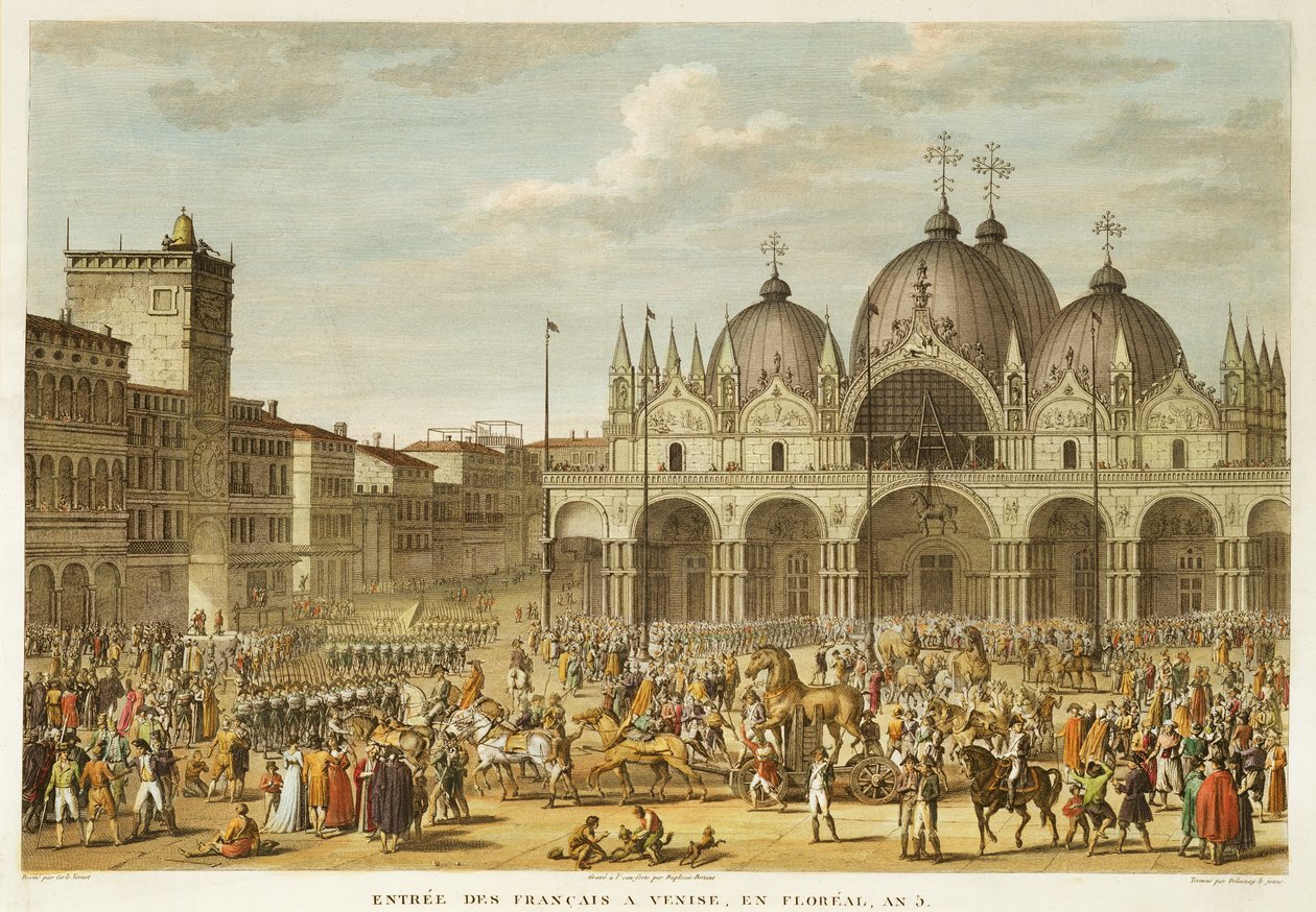 A entrada dos franceses em Veneza e o roubo dos cavalos de San Marco, em Floreal, Ano 5 (maio de 1797) gravado por Jean Duplessi-Bertaux (1747-1819) (aquatint) de Antoine Charles Horace Vernet