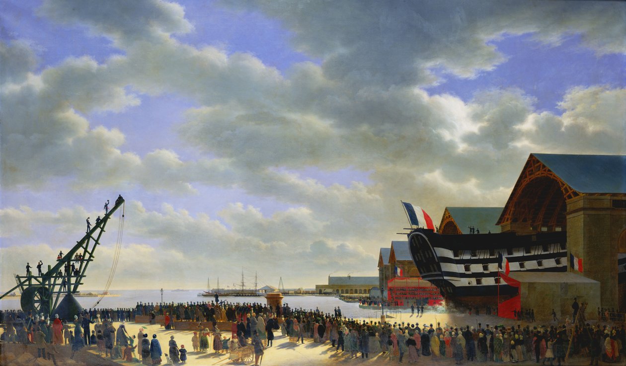O lançamento de &39;Le Friedland&39; em Cherbourg, 4 de abril de 1840, c.1840-54 de Antoine Chazal